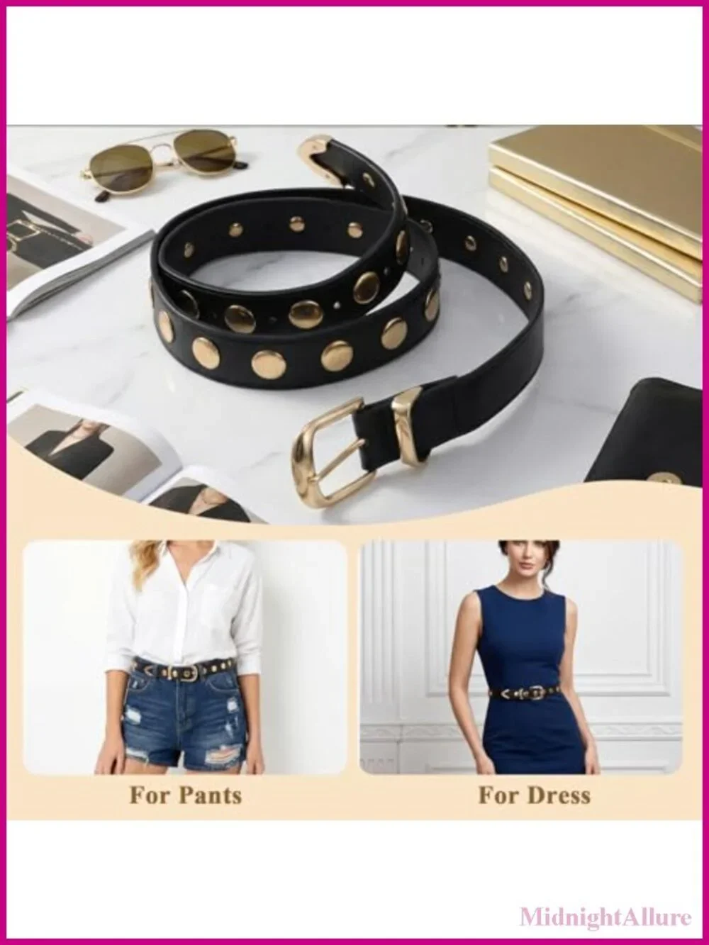 PU Leather Studded Belt with Gold Buckle for Women Jeans Dresses